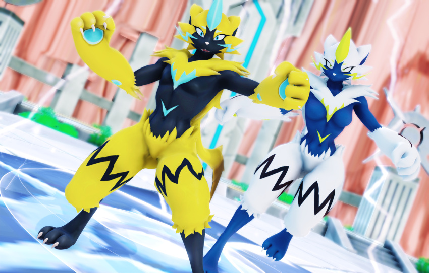 3d_(artwork) anthro blue_eyes breasts digital_media_(artwork) duo featureless_breasts felid female fur generation_7_pokemon hi_res legendary_pokemon male malicekira mammal mikumikudance_(artwork) muscular muscular_female muscular_male nintendo pokemon pokemon_(species) shiny_pokemon warfare_machine warfare_zeraora yellow_body yellow_fur zeraora