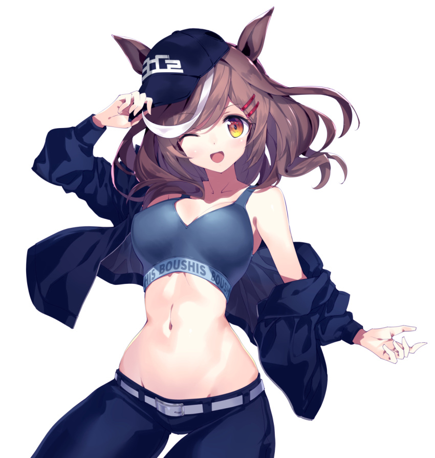 alternate_costume animal_ears belt blush boc'z_(umamusume) breasts brown_hair cleavage collarbone commentary_request ears_through_headwear female hair_ornament hairclip hat highres horse_ears horse_girl jacket kuro_work looking_at_viewer matikane_tannhauser_(boc'z)_(umamusume) matikane_tannhauser_(umamusume) medium_breasts medium_hair navel one_eye_closed open_mouth solo umamusume white_background yellow_eyes