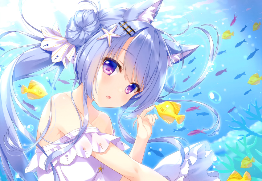 ameto_yuki animal animal_ears aqua_hair catgirl dress fish long_hair original purple_eyes scan underwater water