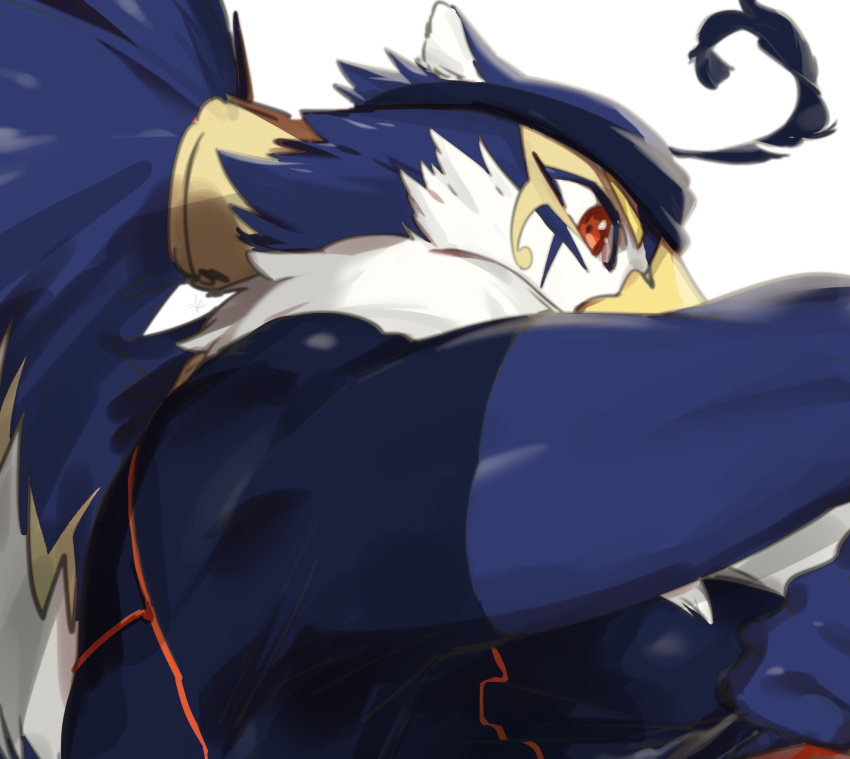 2021 anthro avian blue_body blue_feathers clothed clothing colored feathers hair hi_res horus_(tas) kaiko_003f lifewonders male multicolored_body multicolored_feathers orange_eyes simple_background solo tied_hair tokyo_afterschool_summoners topwear two_tone_body two_tone_feathers white_background white_body white_feathers