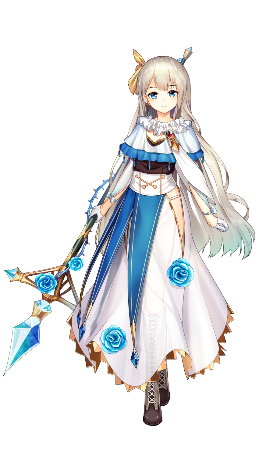 aqua_hair arms_at_sides blue_eyes boots character_request closed_mouth clothing_cutout cross-laced_footwear dress female frills full_body gloves gradient_hair half_gloves highres holding holding_weapon knee_boots lace-up_boots looking_at_viewer multicolored_hair official_art platinum_blonde_hair rise_of_girls see-through see-through_dress side_cutout simple_background solo standing weapon white_background white_gloves yan_(nicknikg)