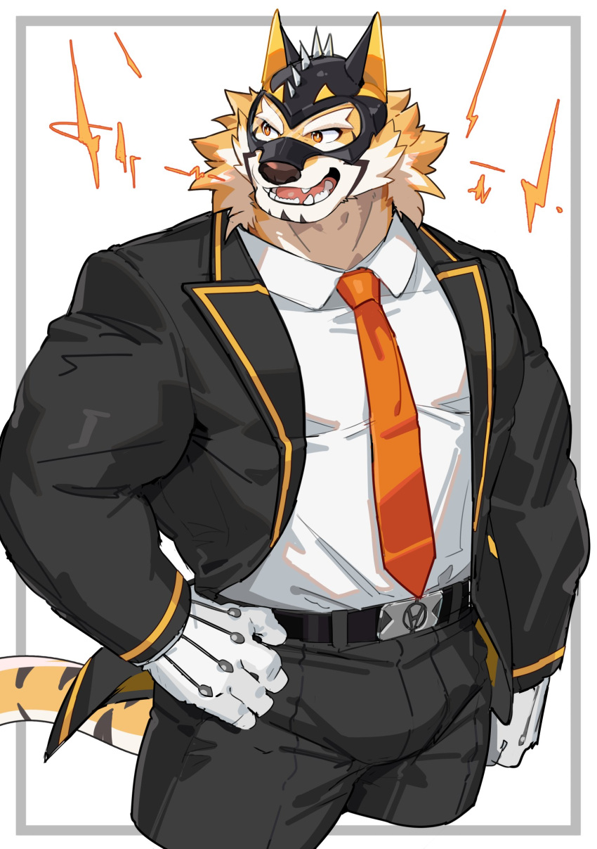 absurd_res anthro clothing felid fuguri fur gloves handwear hi_res lifewonders live_a_hero male mammal mask muscular muscular_anthro muscular_male necktie orange_body orange_fur pantherine pecs ryekie_(live_a_hero) smile solo spikes striped_body striped_fur stripes suit superhero tiger