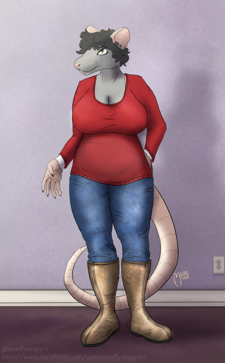 2020 5_fingers anthro bailey_armbruster big_breasts biped blue_bottomwear blue_clothing blue_pants boots bottomwear breasts buckteeth claws cleavage clothed clothing denim denim_bottomwear denim_clothing digital_media_(artwork) eyebrows female fingers footwear fully_clothed fur grey_body grey_claws grey_eyebrows grey_fur grey_hair hair hi_res jeans mammal murid murine oneflymagpie overweight overweight_anthro overweight_female pants pink_nose pink_tail rat red_clothing red_topwear rodent short_hair solo standing sweater tail teeth topwear yellow_eyes