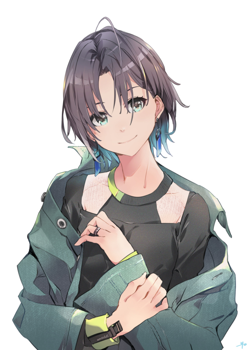 absurdres ahoge aqua_eyes asakura_toru bad_id bad_pixiv_id black_hair black_shirt blue_hair blue_jacket closed_mouth denim denim_jacket earrings female gradient_hair hand_on_own_arm head_tilt highres idolmaster idolmaster_shiny_colors jacket jewelry long_hair long_sleeves multicolored_hair open_clothes open_jacket parted_bangs ring shirt simple_background smile solo upper_body white_background yoshito