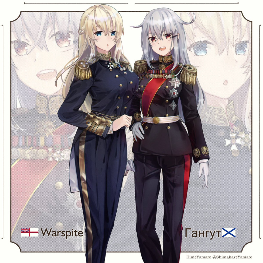 2girls blonde_hair blue_eyes breasts english_text epaulettes gangut_(kancolle) gloves grey_hair hair_between_eyes highres himeyamato kantai_collection long_hair medal military military_uniform multiple_girls open_mouth russian_text scar scar_on_face self-upload smile st._andrew's_flag twitter_username uniform warspite_(kancolle) white_ensign