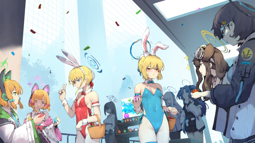 6+girls animal_ear_headphones animal_ears bare_legs bare_shoulders basket black_leotard blonde_hair blue_archive blue_eyes blue_halo blue_leotard blush bow bowtie breasts brown_hair cat_ear_headphones chihiro_(blue_archive) commentary covered_navel detached_collar detached_sleeves easter easter_egg egg english_commentary fake_animal_ears fake_halo halo happy_easter headphones hibiki_(blue_archive) highleg highres holding holding_basket holding_egg jacket leotard long_hair mechanical_halo medium_breasts midori_(blue_archive) momoi_(blue_archive) multiple_girls nervous_sweating noa_(blue_archive) open_mouth orange_hair original pantyhose playboy_bunny ponytail rabbit_ears rabbit_girl rabbit_tail red_eyes red_leotard rou_(rou22) short_hair siblings sisters sparkle sumire_(blue_archive) sweat tail toki_(blue_archive) twins v wrist_cuffs yellow_halo yuuka_(blue_archive)