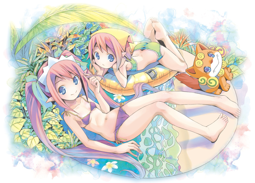 2girls animal_collar bad_id bad_twitter_id bandana barefoot bikini blue_eyes breasts brown_hair canine closed_mouth collar commentary_request flower frown green_bikini haitai_nanafa head_rest highres iina_(haitai_nanafa) inactive_account innertube lace-trimmed_bikini lace-trimmed_swimsuit lace_trim lana_(haitai_nanafa) legs_up long_hair looking_at_viewer lying multiple_girls navel niina_(haitai_nanafa) on_back on_stomach plant pointy_ears pop_(electromagneticwave) purple_bikini short_hair side-tie_bikini_bottom sidelocks small_breasts smile swim_ring swimsuit twintails very_long_hair yellow_bandana