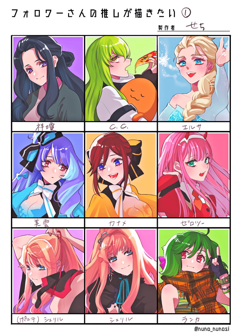 6+girls \m/ black_hair black_jacket black_shirt blonde_hair blue_dress blue_eyes bow c.c. character_name code_geass commentary_request cosplay darling_in_the_franxx dress elsa_(frozen) fingerless_gloves followers_favorite_challenge food frozen_(disney) gloves green_hair hair_behind_ear highres holding holding_food holding_pizza horns jacket juuni_kokuki kaname_buccaneer long_hair looking_down macross macross_7 macross_delta macross_frontier mikumo_guynemer multiple_drawing_challenge multiple_girls nekki_basara nekki_basara_(cosplay) orange_scarf pink_hair pizza ponytail purple_eyes ranka_lee red_hair scarf sechi_(stst1850) sheryl_nome shirt shoukei_(juuni_kokuki) smile translated yellow_dress zero_two_(darling_in_the_franxx)