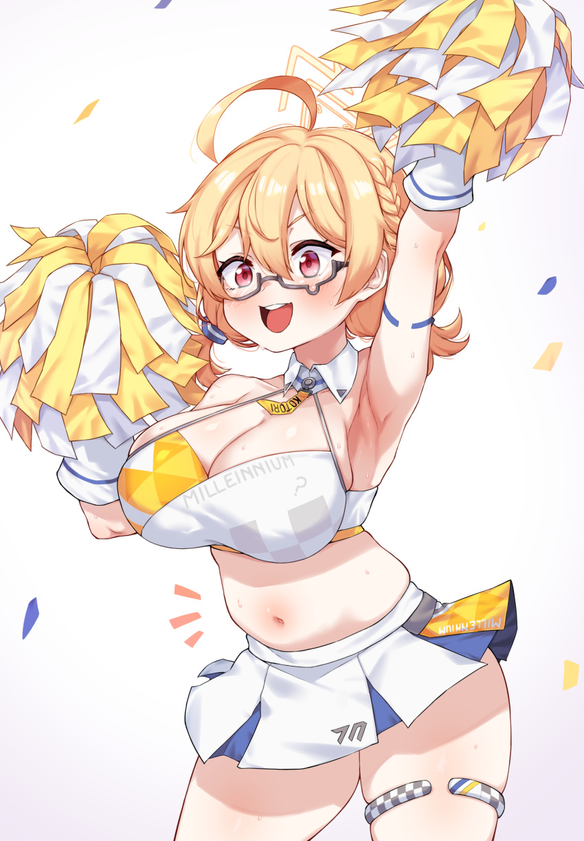 ? absurdres ahoge arm_up armlet armpits bare_shoulders black-framed_eyewear blonde_hair blue_archive blue_skirt blush braid breasts character_name cheerleader cleanerjay cleavage collarbone commentary_request confetti cowboy_shot crop_top female glasses gloves hair_between_eyes halo highres holding holding_pom_poms kotori_(blue_archive) kotori_(cheer_squad)_(blue_archive) large_breasts midriff millennium_cheerleader_outfit_(blue_archive) muffin_top navel notice_lines open_mouth pleated_skirt plump pom_pom_(cheerleading) red_eyes short_twintails simple_background skirt solo spaghetti_strap sweat teardrop-framed_glasses teeth thighlet triangle_halo twintails upper_teeth_only white_background white_gloves white_skirt yellow_halo