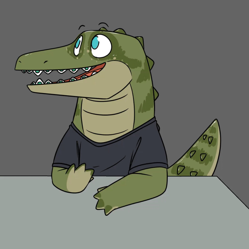 1:1 alligator alligatorid animated anthro benji_(artist) benji_alligator_(benji) blush braces closed_eyes clothing crocodilian happy hi_res later_alligator looking_at_viewer loop male patting reptile scalie semi-anthro shirt short_playtime smile solo topwear