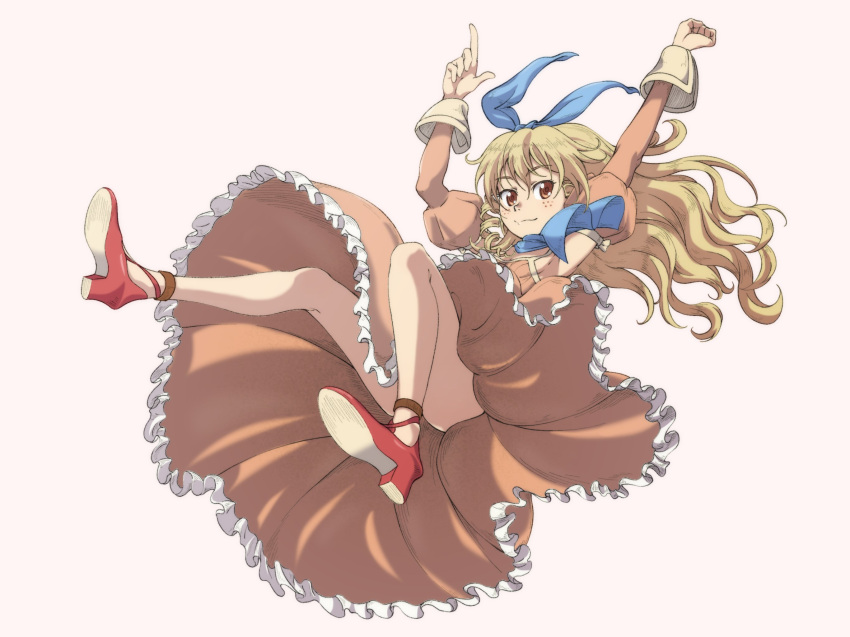 arms_up ascot blonde_hair blue_ascot blue_ribbon brown_eyes closed_mouth detached_sleeves dress drill_hair female full_body hair_ribbon hairband high_heels highres index_finger_raised jane_maxwell kaien_advance legs long_hair looking_at_viewer orange_dress orange_sleeves ribbon simple_background smile solo white_background wild_arms wild_arms_1