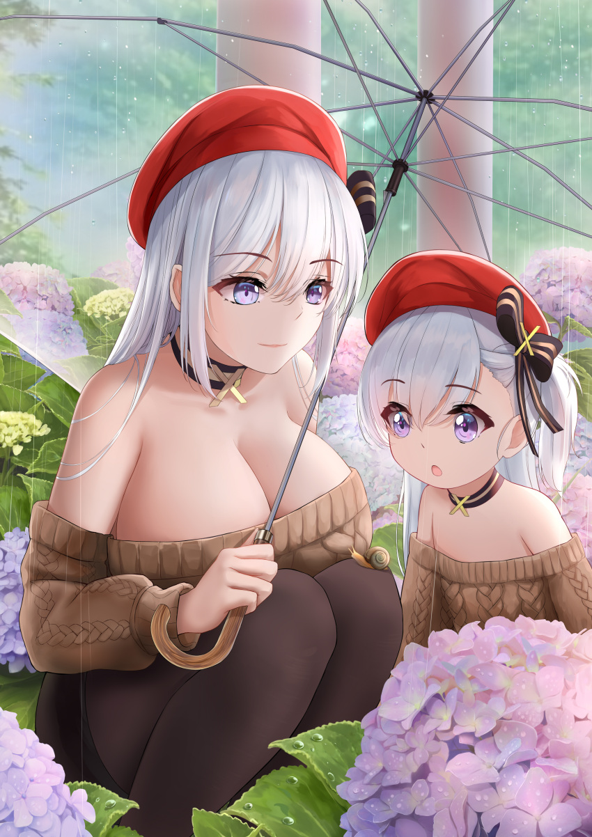 2girls absurdres age_difference azur_lane bare_shoulders belfast_(azur_lane) belfast_(azur_lane)_(cosplay) belfast_(shopping_with_the_head_maid)_(azur_lane) blue_eyes breasts choker cleavage cosplay flower grey_hair hat highres hydrangea large_breasts little_bel_(azur_lane) mother_and_daughter multiple_girls off-shoulder_sweater off_shoulder official_alternate_costume pantyhose rain shigatsu_(4gate) skirt snail squatting sweater transparent transparent_umbrella umbrella white_hair