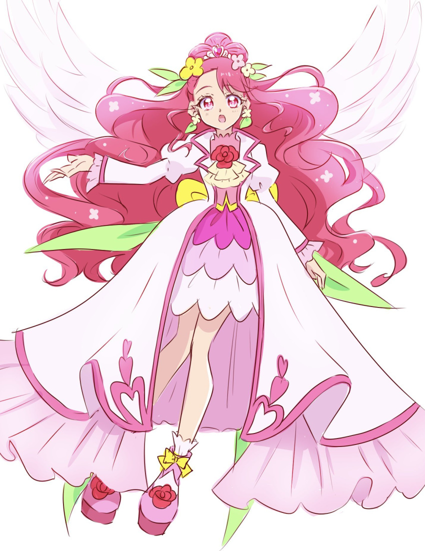 :o asymmetrical_bangs commentary cure_grace cure_grace_(healin'_good_style) earrings eyelashes female flower fpminnie1 hair_flower hair_ornament hanadera_nodoka healin'_good_precure highres jewelry long_hair looking_at_viewer magical_girl pink_eyes pink_hair precure simple_background solo standing symbol-only_commentary white_background wings