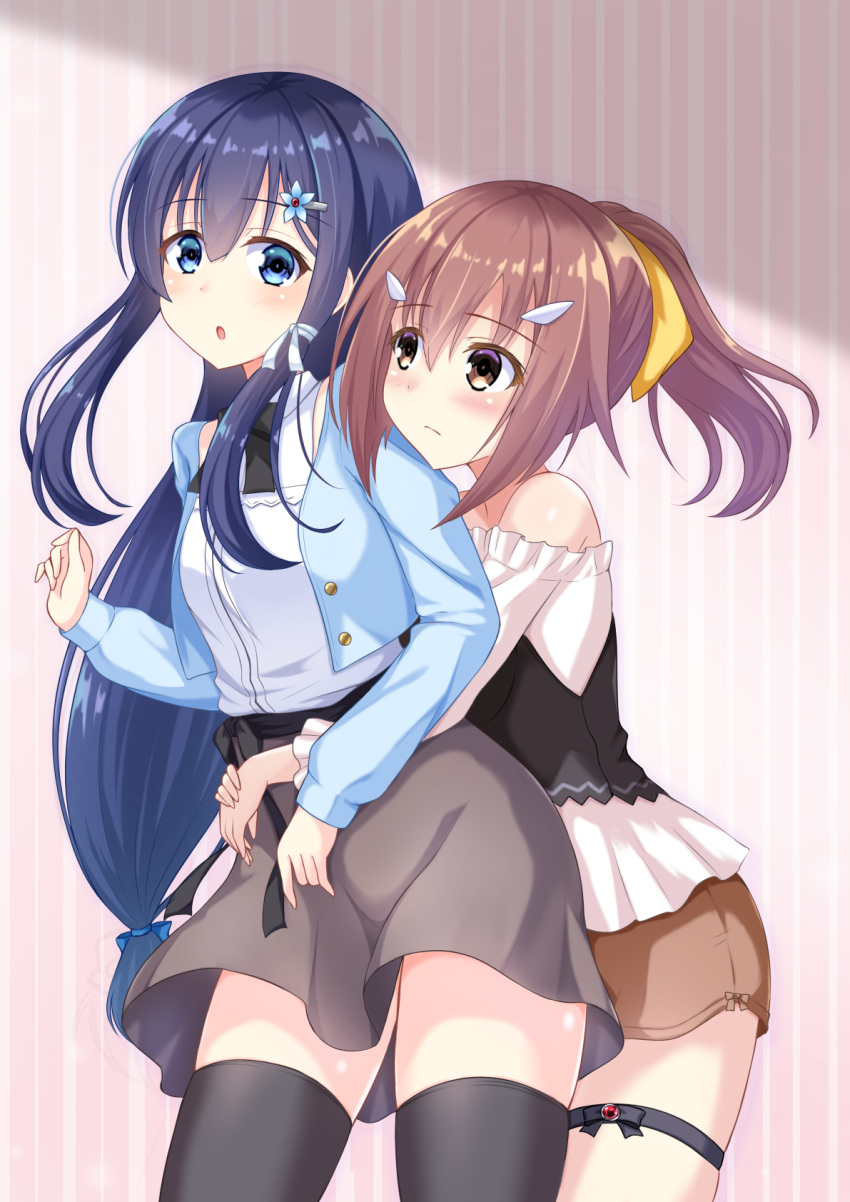 2girls :o arms_around_waist bare_shoulders black_legwear black_ribbon blue_eyes blue_hair blue_jacket blush breasts brown_eyes brown_hair brown_shorts brown_skirt buttons closed_mouth cowboy_shot flower from_side gungun_(hakutou7887) hair_between_eyes hair_flower hair_ornament hair_ribbon hairclip highres holding_person jacket kou_(gungun) long_hair long_sleeves looking_at_another miniskirt multiple_girls original ponytail ribbon shirt shorts skirt small_breasts standing striped striped_background sui_(gungun) thigh_strap thighhighs white_ribbon white_shirt yellow_ribbon yuri