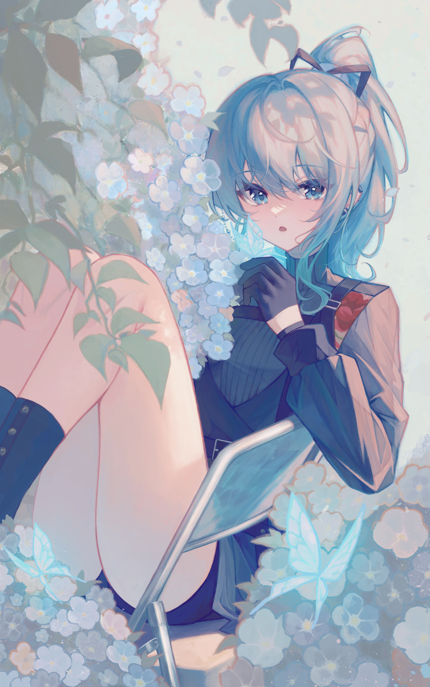 absurdres bare_legs belt black_gloves blue_eyes blue_hair boots bug butterfly chair commentary feet_out_of_frame female flower folding_chair gloves hair_between_eyes hair_ribbon half_gloves hand_up high_ponytail highres hololive hoshimachi_suisei hoshimachi_suisei_(shout_in_crisis) ijac_ray knees_up long_hair long_sleeves looking_at_viewer official_alternate_costume on_chair open_mouth ponytail ribbon short_shorts shorts sidelocks sitting sitting_sideways solo star_(symbol) star_in_eye symbol_in_eye turtleneck virtual_youtuber