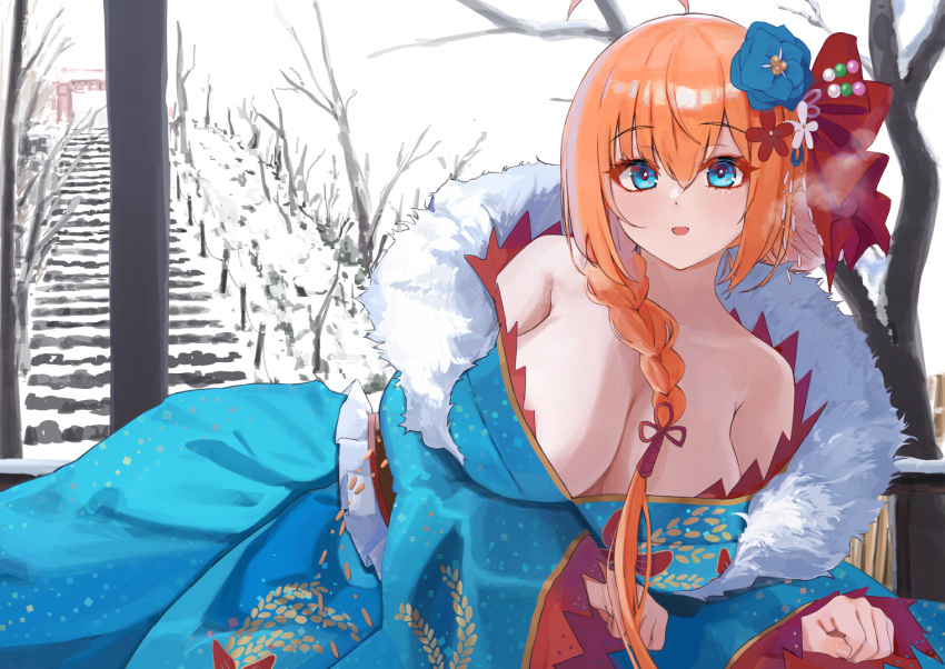 ahoge bare_shoulders blue_eyes blue_kimono blush braid breasts chen_bingyou cleavage female flower fur_trim hair_flower hair_ornament hair_ribbon japanese_clothes kimono large_breasts long_hair long_sleeves looking_at_viewer obi off_shoulder open_mouth orange_hair pecorine_(new_year)_(princess_connect!) pecorine_(princess_connect!) princess_connect! red_ribbon ribbon sash side_braid smile solo wide_sleeves