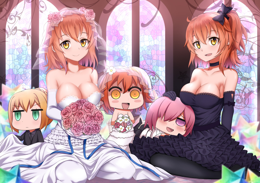 3girls absurdres ahoge artoria_pendragon_(fate) bad_id bad_pixiv_id black_pantyhose blonde_hair bouquet breasts bridal_veil bride business_suit caibao_return chaldea_uniform chibi clone dress elbow_gloves fate/grand_order fate_(series) flower formal fujimaru_ritsuka_(female) gloves green_eyes hair_over_one_eye highres holding holding_bouquet mash_kyrielight medium_breasts multiple_girls multiple_persona one_side_up open_mouth orange_eyes orange_hair orange_scrunchie pantyhose parody purple_eyes purple_hair riyo_(lyomsnpmp)_(style) rose saber_(fate) scrunchie short_hair side_ponytail strapless strapless_dress style_parody suit tuxedo veil wedding_dress white_dress white_gloves white_legwear