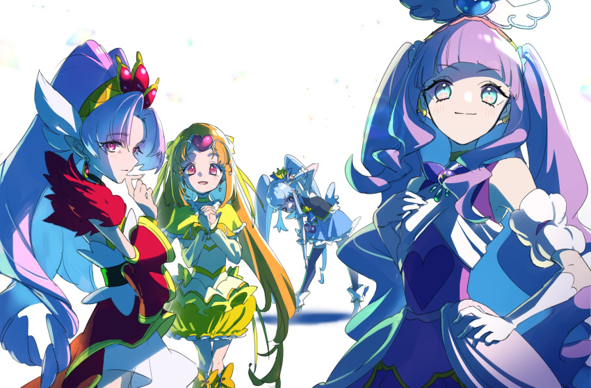 4girls absurdres akagi_towa aqua_eyes blue_bow blue_eyes blue_hair blue_skirt bow choker commentary_request crossover crown crown_bow crown_hair_ornament cure_majesty cure_muse_(yellow) cure_princess cure_scarlet dress earrings ellee-chan eyelashes go!_princess_precure gold_crown hair_ornament happinesscharge_precure! happy highres hirogaru_sky!_precure in-franchise_crossover jewelry konsuke0 long_hair looking_at_viewer magical_girl multiple_girls one_eye_closed orange_hair pink_eyes pink_hair pointed_crown precure princess purple_dress purple_hair red_eyes shirabe_ako shirayuki_hime simple_background skirt smile standing suite_precure trait_connection twintails v white_background yellow_choker