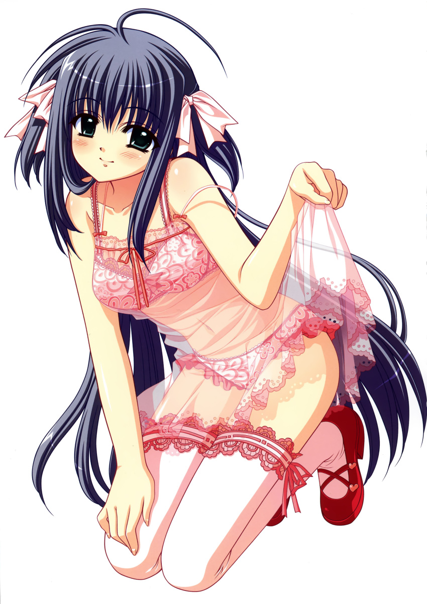 absurdres babydoll bare_shoulders black_hair blush bra clothes_lift female green_eyes highres kneeling lace lace-trimmed_bra lace-trimmed_legwear lace-trimmed_panties lace_trim lingerie long_hair nishimata_aoi panties photoshop_(medium) pink_bra pink_panties pink_thighhighs really?_really! see-through shuffle! shuffle!_essence+ simple_background skirt skirt_lift smile solo thighhighs underwear white_background white_thighhighs yae_sakura_(shuffle!)