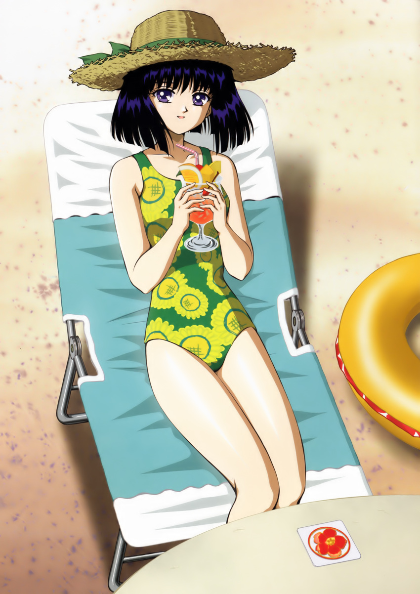 absurdres bare_arms bare_legs bendy_straw bishoujo_senshi_sailor_moon black_hair bob_cut casual_one-piece_swimsuit chair collarbone cup drink drinking_glass drinking_straw female floral_print flower food fruit glass green_ribbons hat hat_ribbon highres hino_ryutaro holding holding_cup hurricane_glass innertube looking_at_viewer lounge_chair one-piece_swimsuit orange_(fruit) print_swimsuit purple_eyes reclining ribbon sand short_hair smile solo straw_hat sun_hat swim_ring swimsuit tomoe_hotaru