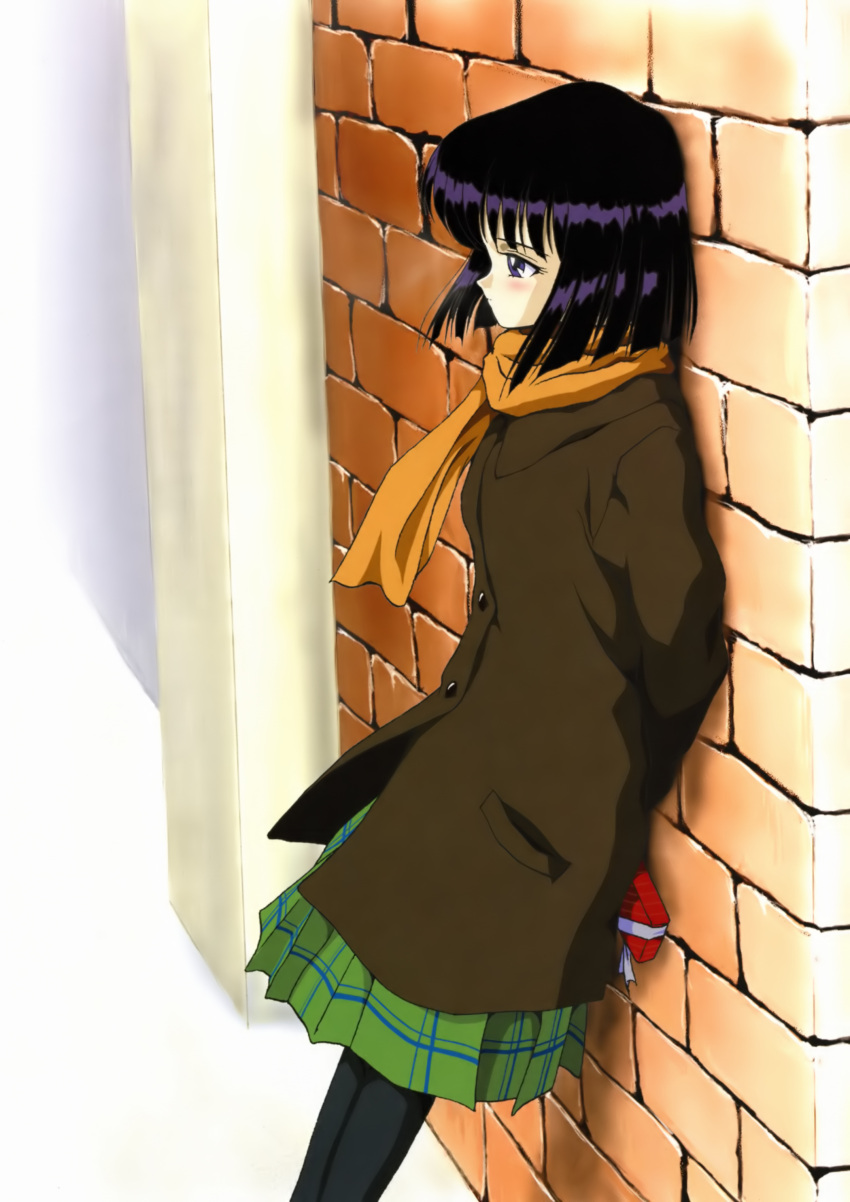 absurdres against_wall arm_behind_back bishoujo_senshi_sailor_moon bishoujo_senshi_sailor_moon_s black_hair black_pantyhose brick_wall brown_coat coat female from_side gift green_skirt highres hino_ryutaro mugen_gakuen_school_uniform orange_scarf pantyhose plaid plaid_skirt purple_eyes scarf school_uniform short_hair skirt solo tomoe_hotaru