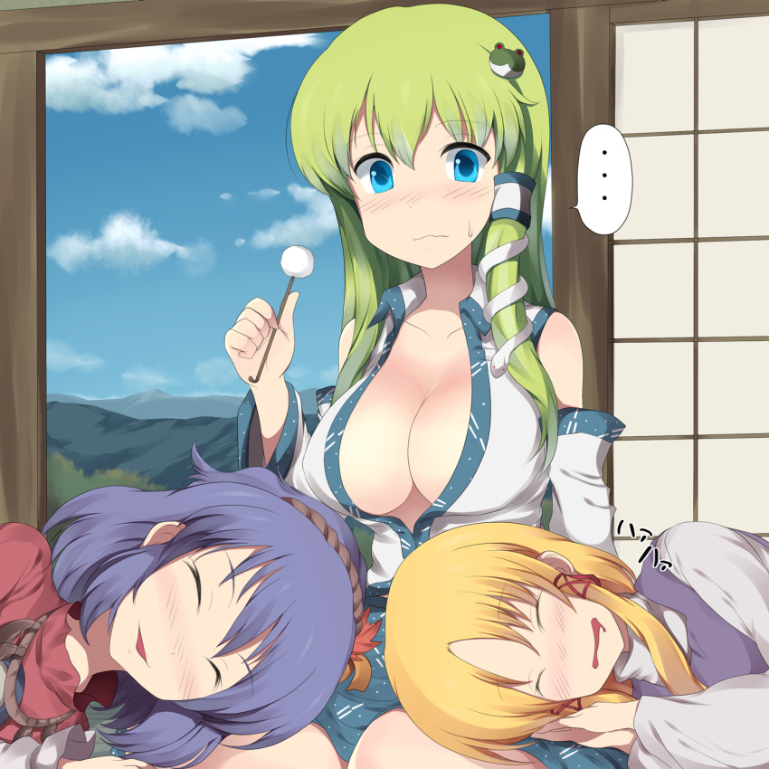 ... 3girls bad_id bad_pixiv_id bare_shoulders blonde_hair blue_eyes blush breasts cleavage closed_eyes detached_sleeves drooling frog green_hair hair_ornament highres kochiya_sanae lap_pillow large_breasts long_hair mimikaki mizukami_ryouma moriya_suwako multiple_girls no_bra no_headwear purple_hair short_hair snake touhou yasaka_kanako