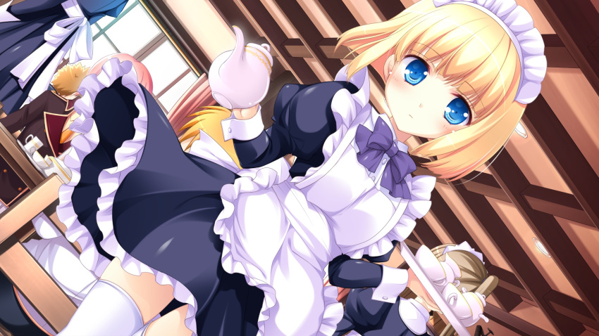 blonde_hair blue_eyes game_cg hyper_highspeed_genius indoors iris_windsor long_hair maid maid_headdress ponytail ribbon ruffles short_hair smile solo thighhighs waitress white_legwear yukiwo