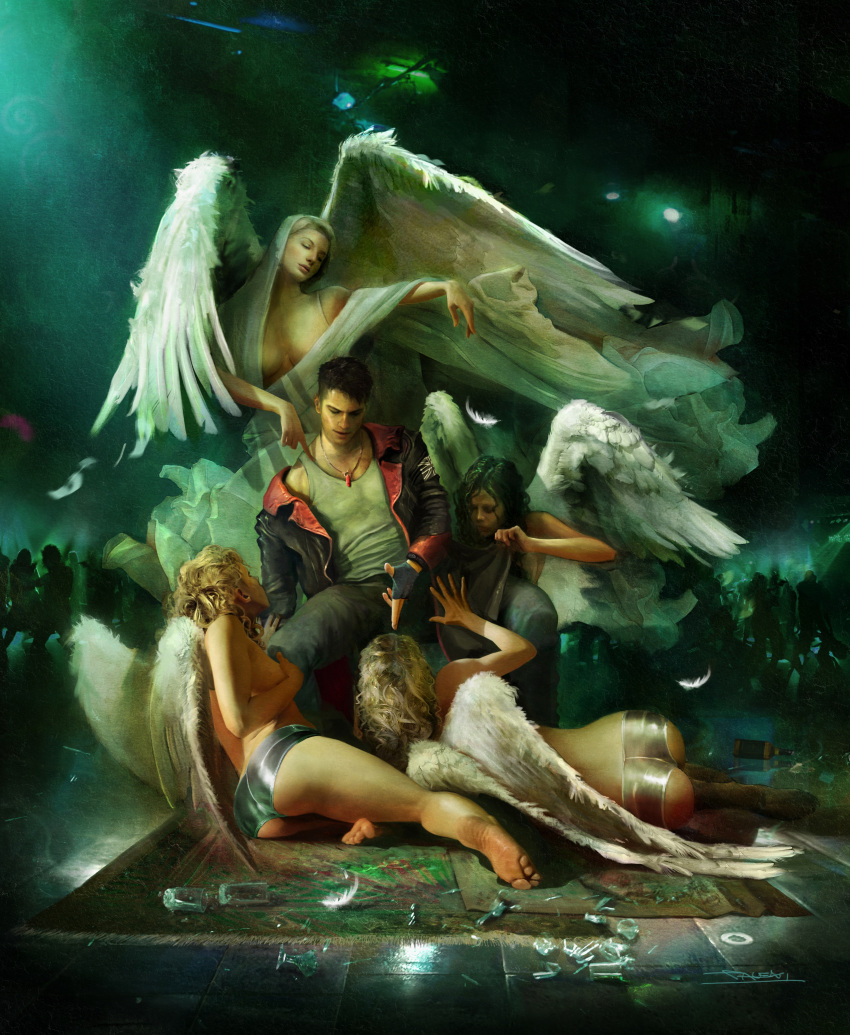 absurdres angel angel_wings ass black_hair blonde_hair broken_glass dante dante_(dmc:_devil_may_cry) devil_may_cry dmc:_devil_may_cry feet fingerless_gloves glass gloves harem highres jewelry multiple_girls necklace official_art pantsu short_shorts shorts sitting talexi union_jack veil wings