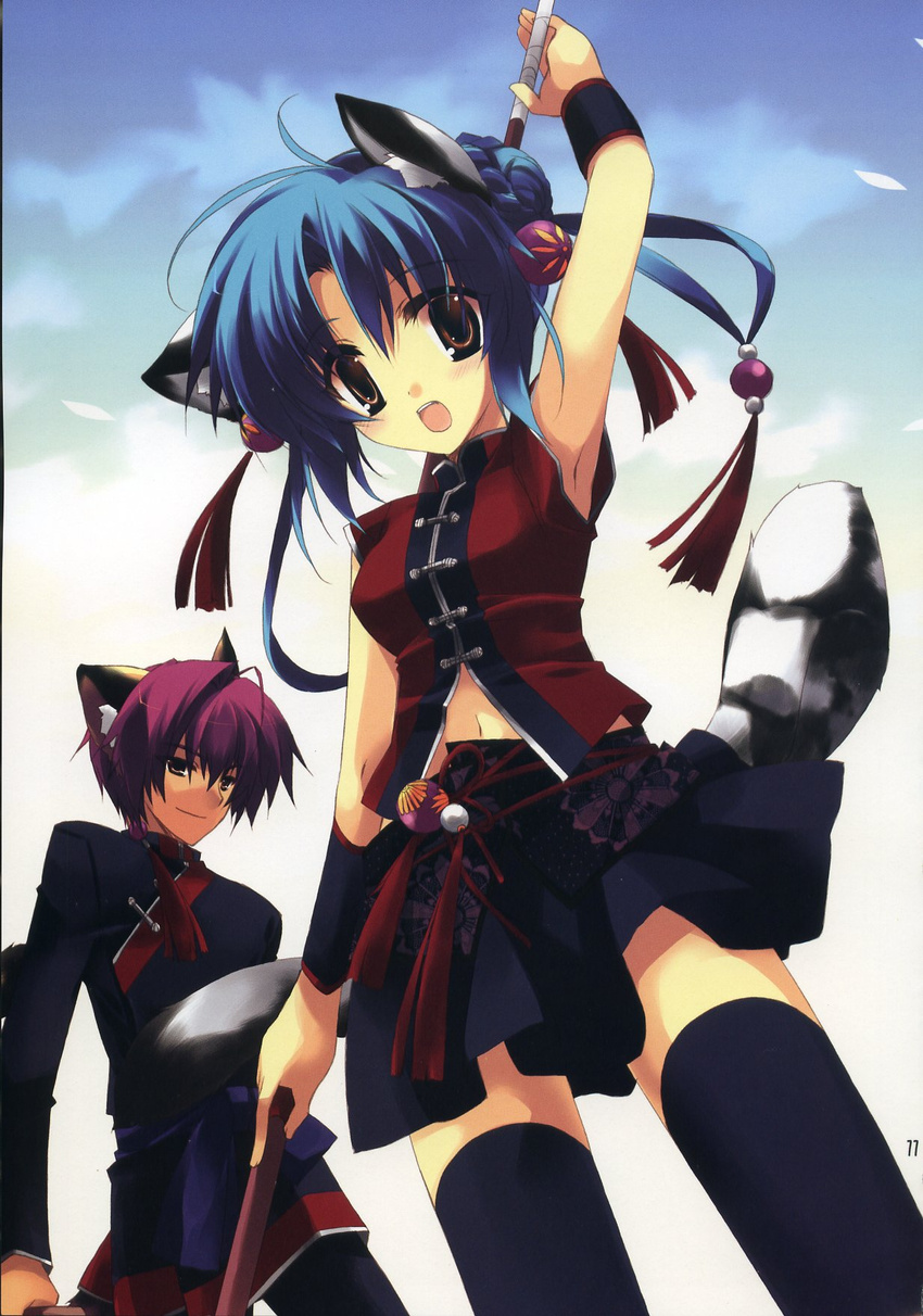 arm_up black_thighhighs blue_hair both_genders brown_eyes chinese_clothes cloud dog_tail double_bun hair_bun hair_buns hair_ornament hair_ribbon inumimi kemonomimi kitsunemimi male minazuki_haruka multiple_tails navel open_mouth pants purple_hair ribbon shirt skirt sky sleeveless sleeveless_shirt staff tail tails teeth thighhighs waki wristbands