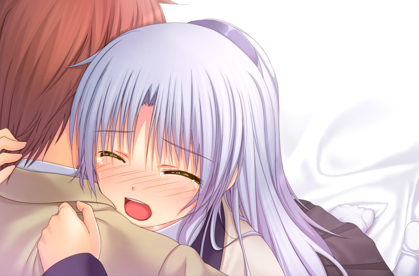 angel_beats! blush chobipero closed_eyes hairband high_res hug letterboxed open_mouth otonashi otonashi_(angel_beats!) school_uniform silver_hair skirt tears tenshi tenshi_(angel_beats!) wallpaper