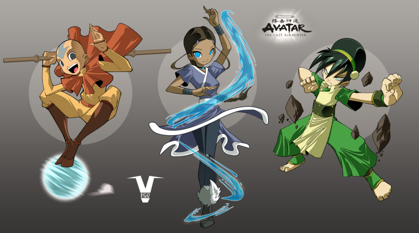 aang air ankle_bracelets anklet armband avatar bare_foot barefoot black_hair bleedman blind blue_eyes chinadress feet katara long_hair short_hair stones toph_bei_fong water