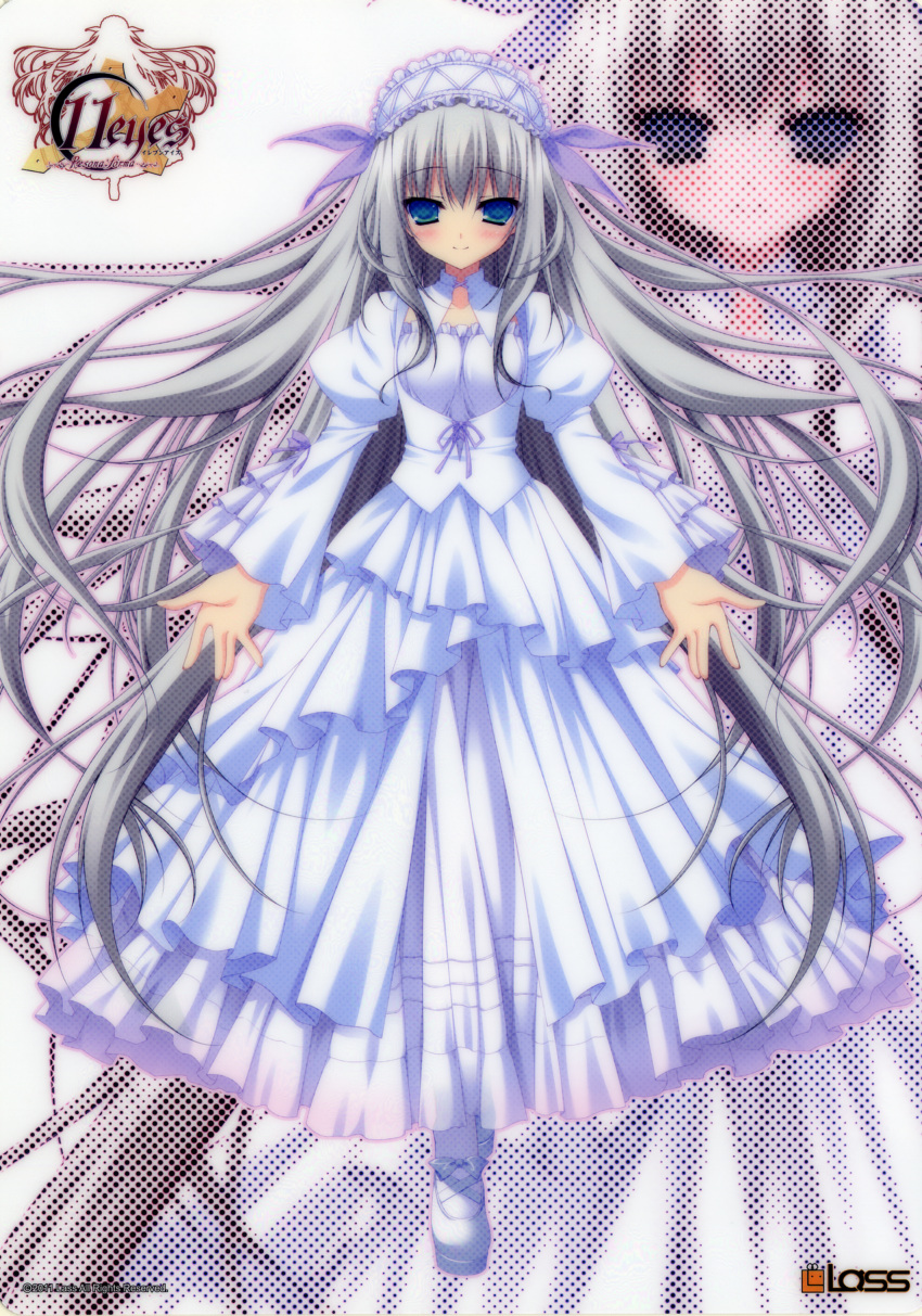 11eyes absurdres blue_eyes chikotam dress female frilled_dress frilled_hairband frills grey_hair hairband halftone headdress highres lisette_vertorre lolita_fashion long_dress long_hair long_sleeves mary_janes official_art puffy_long_sleeves puffy_sleeves purple_ribbon ribbon scan shoes solo very_long_hair white_dress zoom_layer