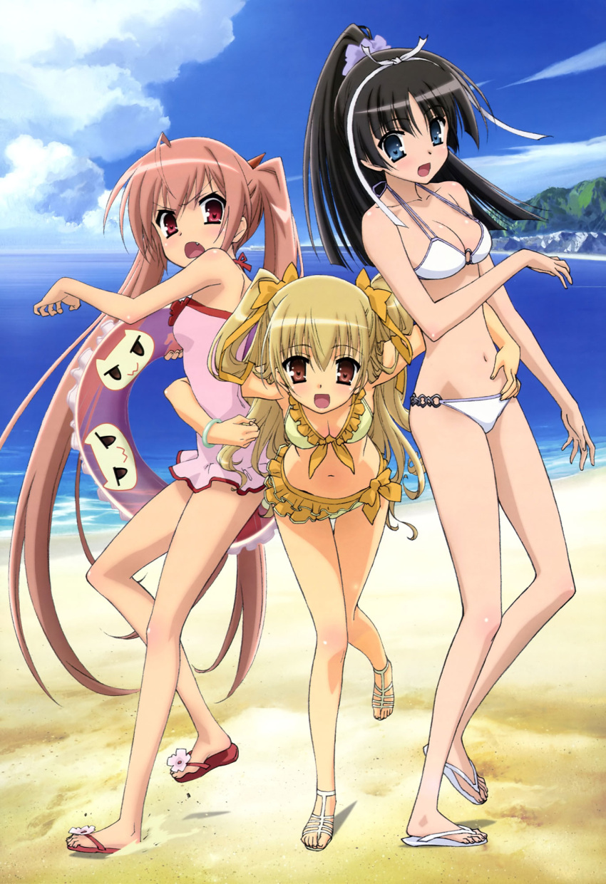 3girls beach bikini black_hair blonde_hair blue_eyes bow breasts cleavage feet hairbow hidan_no_aria highres hotogi_shirayuki innertube kanzaki_h_aria legs long_hair mine_riko mizugi multiple_girls ocean oerba_yun_fang official_art open_mouth red_eyes sandals swimsuit twintails very_long_hair water