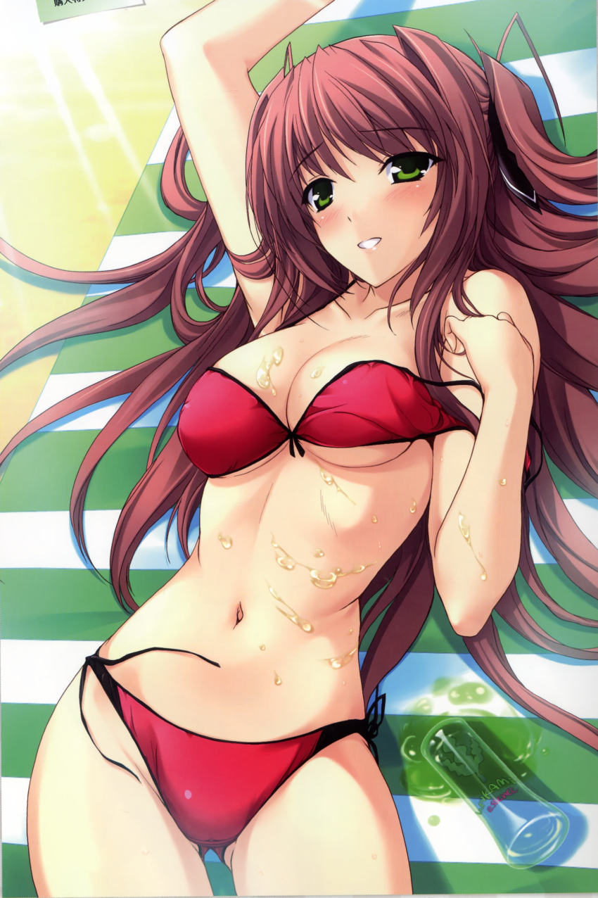 absurdres bikini breasts brown_hair cleavage female green_eyes highres looking_at_viewer lotion lying medium_breasts navel onigirikun pastel_chime pastel_chime_continue red_bikini rindou_rinna sexually_suggestive side-tie_bikini_bottom solo strap_slip sunscreen swimsuit