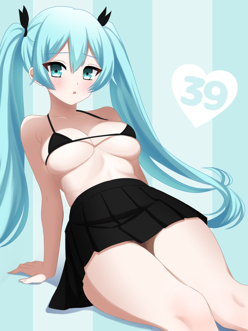 39 absurdres arm_support bare_shoulders bikini black_bikini black_bow black_skirt blush bow breasts collarbone commentary_request curvy double-parted_bangs dutch_angle feet_out_of_frame female green_background green_eyes green_hair hair_between_eyes hairbow hatsune_miku heart highres large_breasts leaning_back long_hair looking_at_viewer micro_bikini miniskirt nuta_ung open_mouth pleated_skirt simple_background sitting skindentation skirt solo swimsuit thighs twintails very_long_hair vocaloid