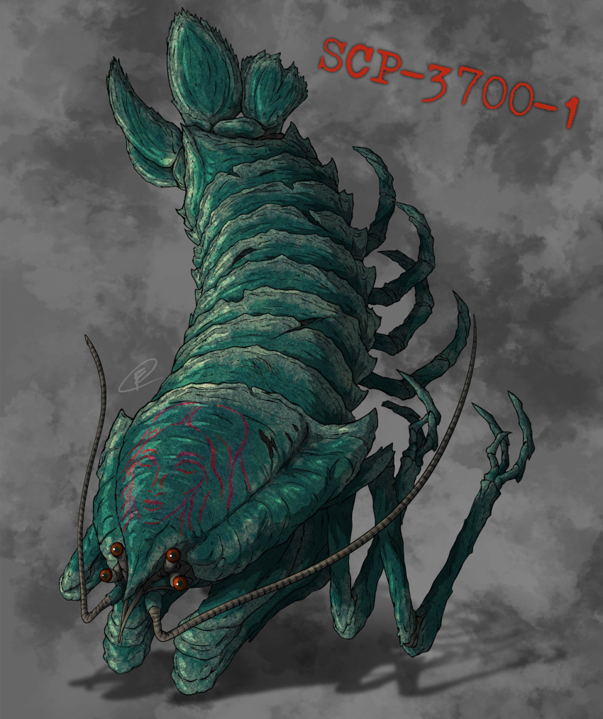 2023 3_fingers 4_arms 4_eyes absurd_res ambiguous_gender antennae_(anatomy) arthropod blue_body blue_exoskeleton blue_tail character_name chimericecho clip_studio_paint_(artwork) colored crustacean digital_media_(artwork) digital_painting_(artwork) english_description exoskeleton feral fingers front_view full-length_portrait grey_background hi_res kaiju multi_arm multi_eye multi_leg multi_limb number portrait red_eyes red_text scp-3700-1 scp_foundation shaded shadow signature simple_background solo tail text three-quarter_view