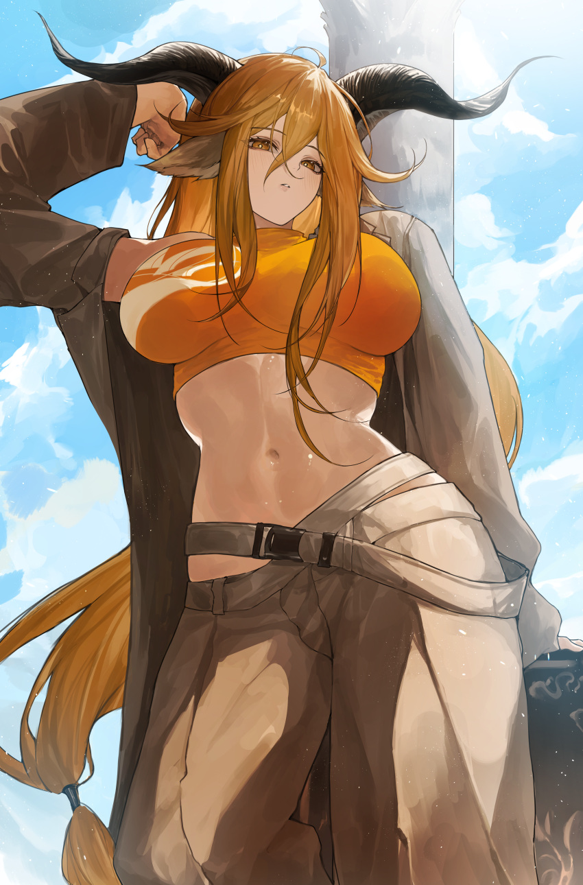 absurdres animal_ears arknights black_horns breasts brown_eyes brown_pants degenbrecher_(arknights) female goat_ears goat_girl goat_horns highres horns light_brown_hair long_hair looking_at_viewer navel official_alternate_costume orange_shirt pants shirt solo yuki_flourish