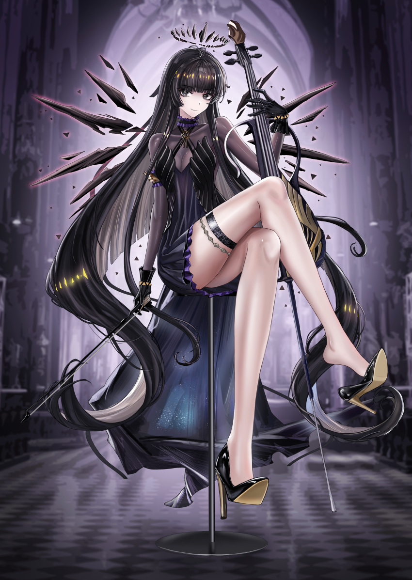 absurdres arknights bare_legs barefoot black_eyes black_footwear black_gloves black_hair black_halo blunt_bangs bodystocking bow_(music) breasts bright_pupils chinese_commentary cleavage closed_mouth commentary_request covered_collarbone crossed_legs detached_wings female frills full_body gloves halo highres holding holding_bow_(music) holding_instrument instrument long_hair looking_at_viewer medium_breasts minuolin on_stool shoe_dangle shoe_soles shoes sitting smile solo stool thigh_strap very_long_hair virtuosa_(arknights) white_pupils wings