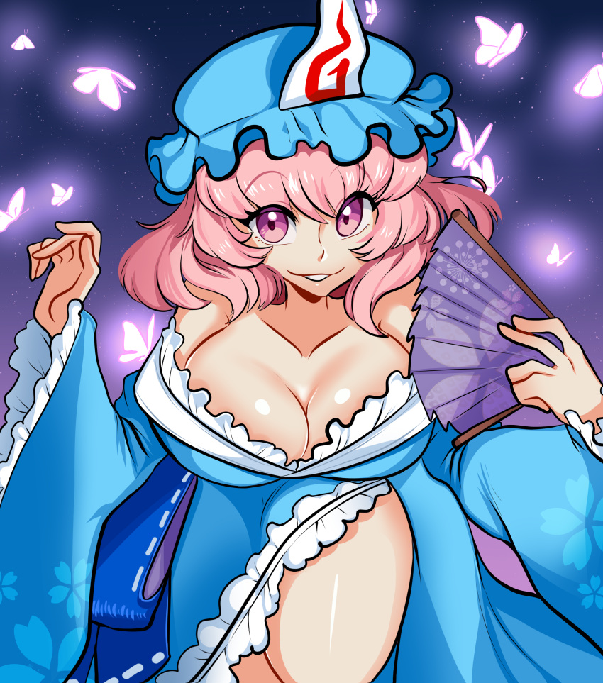 absurdres blue_hat blue_kimono breasts bug butterfly cleavage commentary cowboy_shot female frilled_kimono frilled_sleeves frills grin hand_fan hat highres japanese_clothes kimono large_breasts looking_at_viewer missandydandy mob_cap pink_eyes pink_hair saigyouji_yuyuko short_hair smile solo touhou triangular_headpiece wide_sleeves