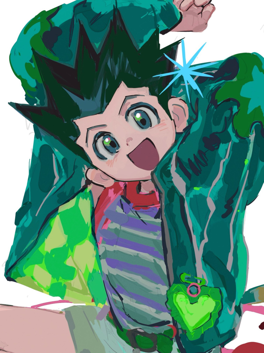 1boy :d arms_up belt black_hair commentary_request gon_freecss green_eyes head_tilt heart highres hunter_x_hunter jacket looking_at_viewer male_focus open_mouth qq3228511914 short_hair shorts sitting smile solo spiked_hair tank_top