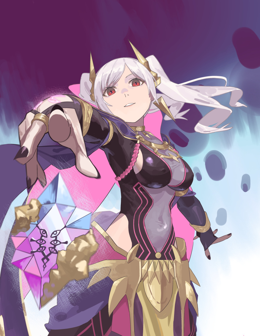 absurdres black_nails breasts commentary_request dark_persona eyes_of_grima female fire_emblem fire_emblem_awakening fire_emblem_heroes grima_(fire_emblem) highres kucheat_zg large_breasts official_alternate_costume parted_bangs reaching reaching_towards_viewer red_eyes robin_(female)_(fell_tactician)_(fire_emblem) robin_(female)_(fire_emblem) robin_(fire_emblem) solo swept_bangs twintails