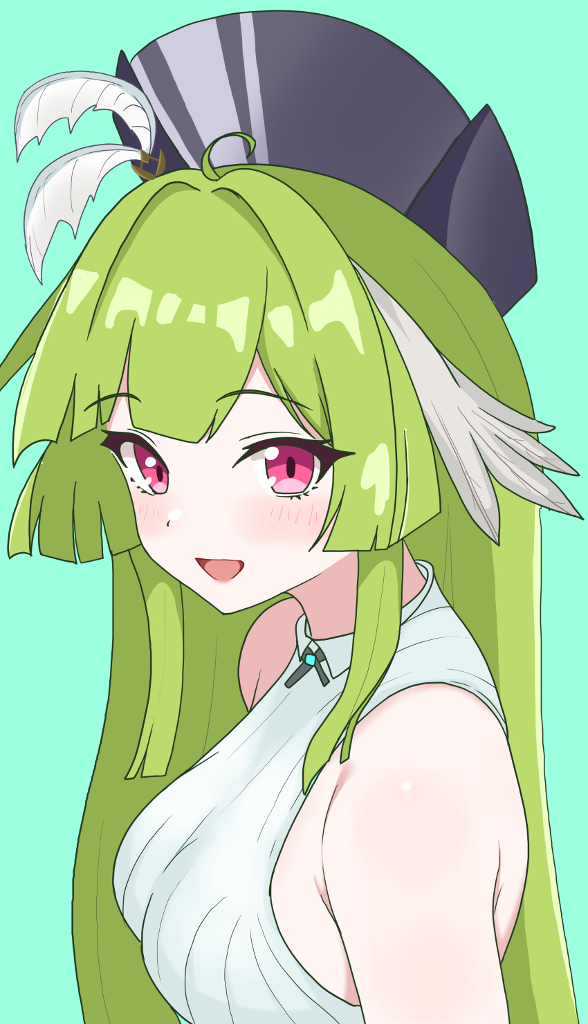 :d absurdres anime_coloring arknights bare_shoulders black_hat blush breasts eggplant7217 female green_background green_hair hair_intakes hat highres long_hair looking_at_viewer medium_breasts open_mouth pink_eyes poncirus_(arknights) shirt simple_background sleeveless sleeveless_shirt smile solo upper_body white_shirt