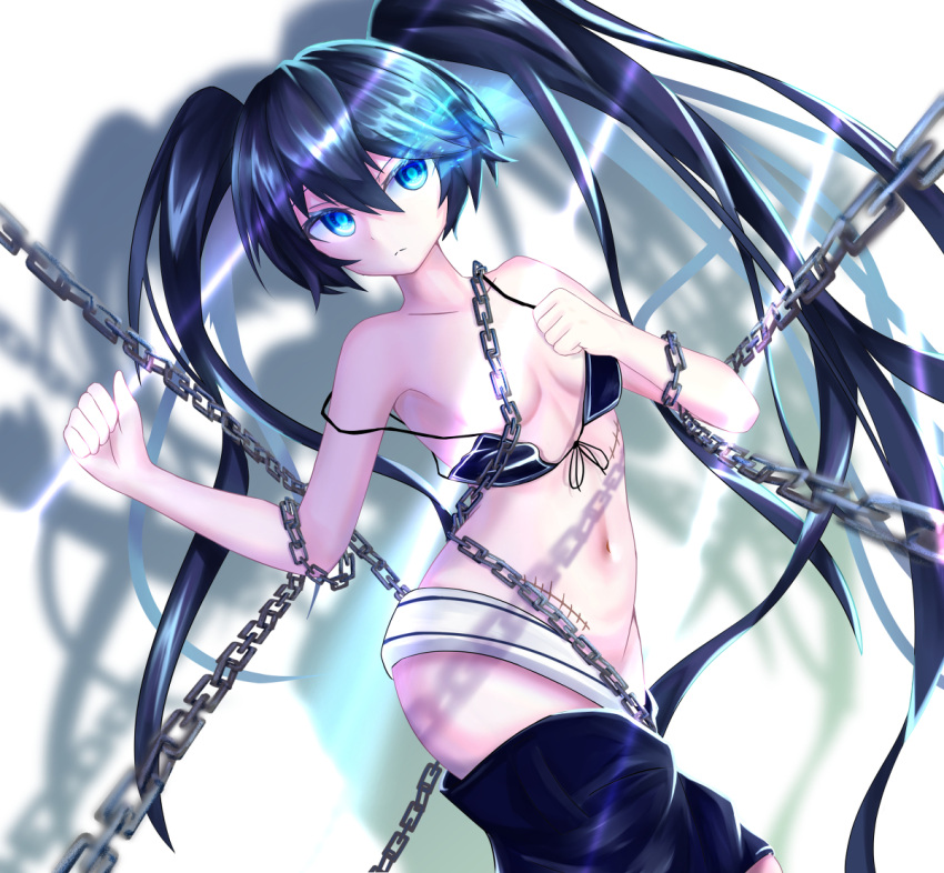 belt bikini black_hair black_rock_shooter black_rock_shooter_(character) black_shorts blue_eyes chains female flaming_eye long_hair no_shirt scar shorts solo swimsuit tokyo_(1421) twintails uneven_twintails