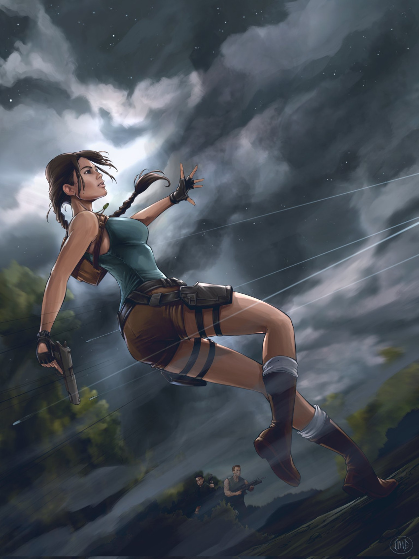 aqua_tank_top backpack bag black_gloves boots braid braided_ponytail breasts brown_bag brown_eyes brown_footwear brown_hair brown_shorts female fingerless_gloves gloves grey_sky gun handgun highres holding holding_gun holding_weapon holster illyne_cosplay jewelry lara_croft large_breasts long_hair m1911 necklace outdoors rain short_shorts shorts sky socks solo tank_top thigh_holster tomb_raider weapon white_socks