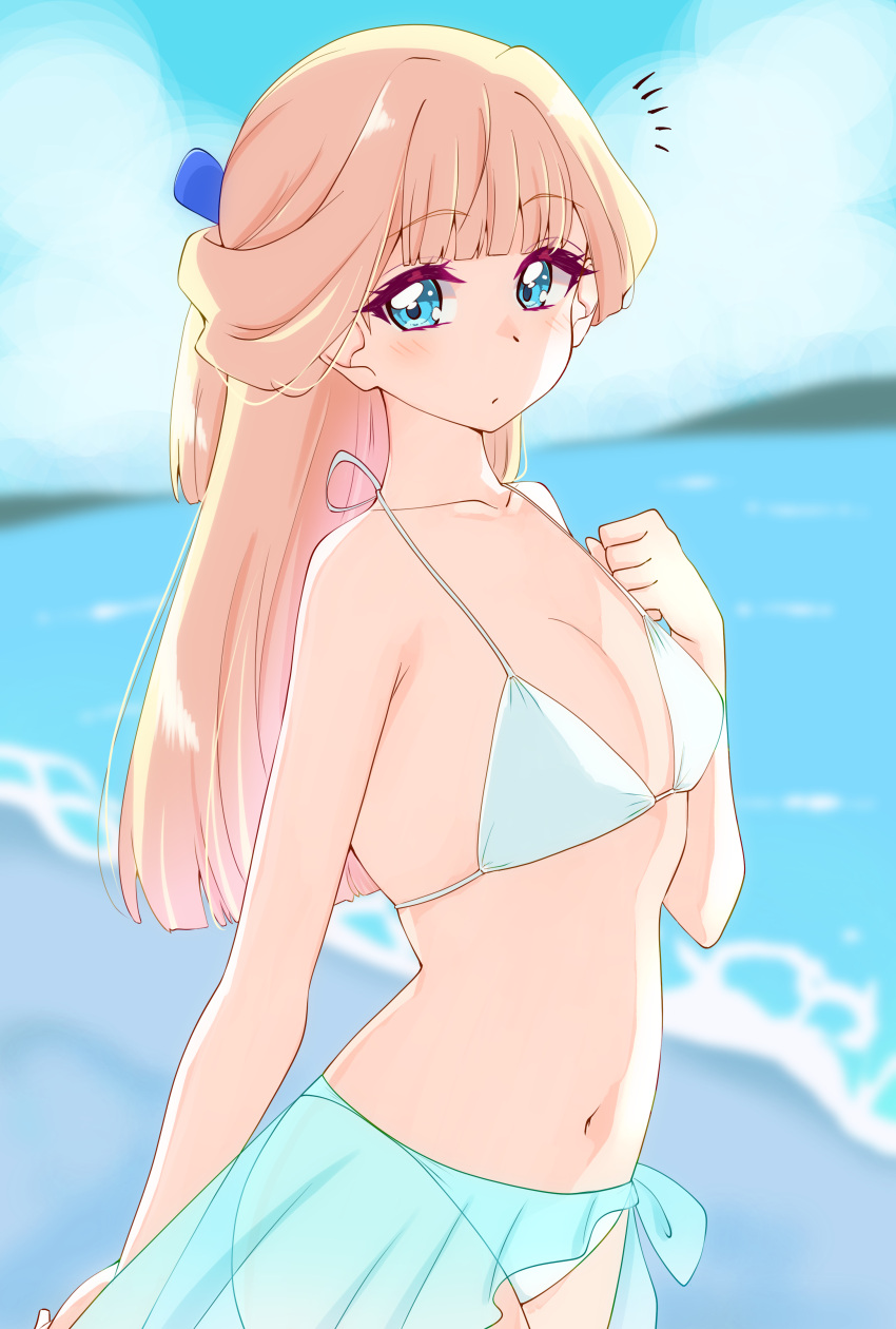 absurdres arm_behind_back beach bikini blonde_hair blue_bow blue_eyes blue_sarong blunt_bangs bow breasts closed_mouth collarbone female hairbow highres light_blush long_hair looking_at_viewer navel nekoyashiki_yuki notice_lines precure sarong see-through_clothes see-through_sarong small_breasts solo sugimura_mickey swimsuit water white_bikini wonderful_precure!