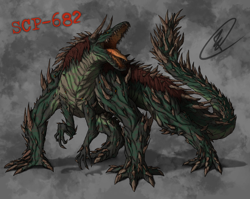 2022 2_horns 4_claws 4_toes 5_claws 5_toes 6_eyes ambiguous_gender arm_spikes buccinator character_name chimericecho claws clip_studio_paint_(artwork) clubbed_tail colored digital_media_(artwork) digital_painting_(artwork) digitigrade feet feral front_view full-length_portrait green_body green_scales grey_background grey_horn grey_spikes grey_teeth hi_res horn horror_(theme) leg_spikes monster multi_eye multi_limb muscular muscular_ambiguous muscular_feral number open_mouth orange_tongue portrait quadruped red_mouth red_text reptile roaring scales scalie scp-682 scp_foundation shaded shadow sharp_horn sharp_teeth signature simple_background solo spiked_tail spikes spikes_(anatomy) tail teeth text three-quarter_view toe_claws toes tongue ventral_scales weapon_tail yellow_eyes