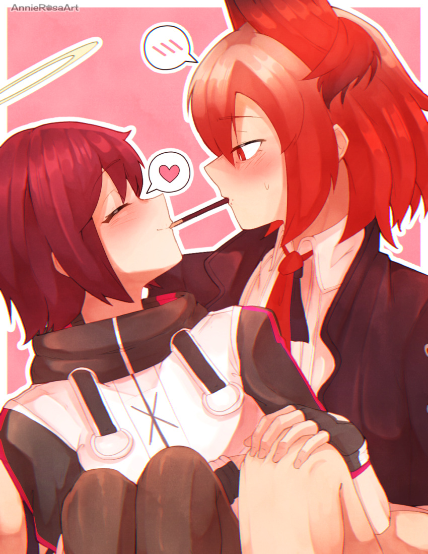 2girls annierosaart arknights black_gloves blush bright_pupils closed_eyes collared_shirt commentary exusiai_(arknights) face-to-face facing_another fiammetta_(arknights) fingerless_gloves food food_in_mouth gloves halo heart highres looking_at_another mouth_hold multiple_girls outline pink_background pocky pocky_day pocky_kiss profile red_eyes red_hair shirt short_hair simple_background smile spoken_blush spoken_heart sweatdrop white_outline white_pupils white_shirt yellow_halo yuri