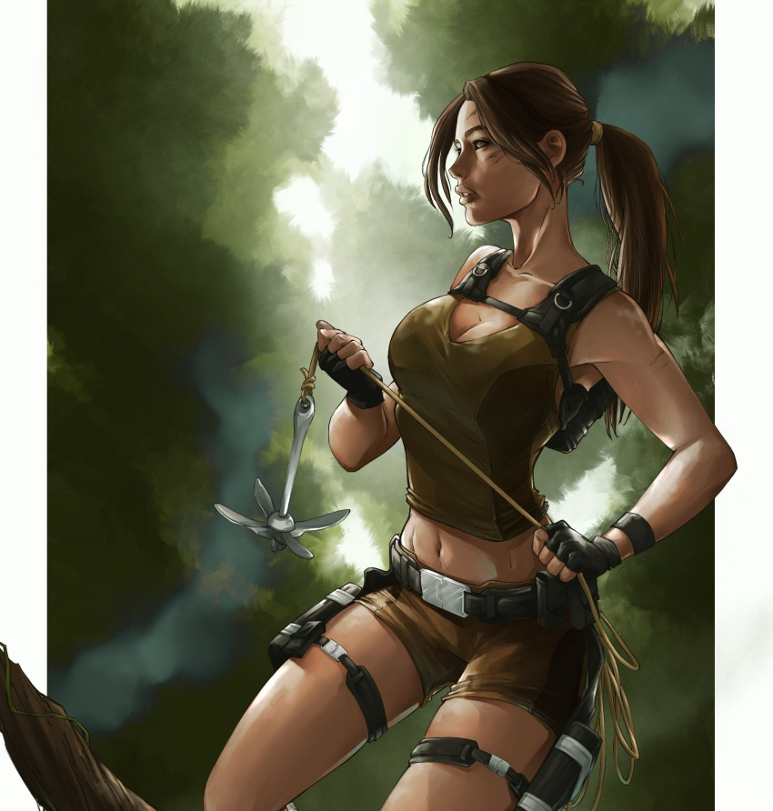 belt black_belt black_gloves breasts brown_hair brown_shorts brown_tank_top female fingerless_gloves gloves grappling_hook highres holding illyne_cosplay lara_croft large_breasts long_hair midriff navel ponytail short_shorts shorts tank_top tomb_raider