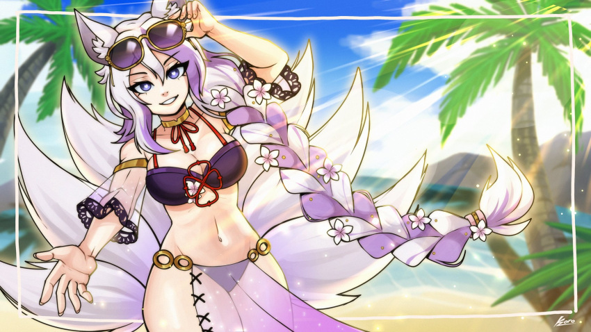 animal_ear_fluff animal_ears beach bikini braid breasts eyewear_on_head female flower_ornament fox_ears fox_girl fox_tail highres indie_virtual_youtuber koro_(wingedkoro) long_braid long_hair looking_at_viewer multiple_tails ocean palm_tree purple-tinted_eyewear purple_bikini purple_eyes purple_streaks red_straps smile swimsuit tail tinted_eyewear tree virtual_youtuber vulpixie_(vtuber)