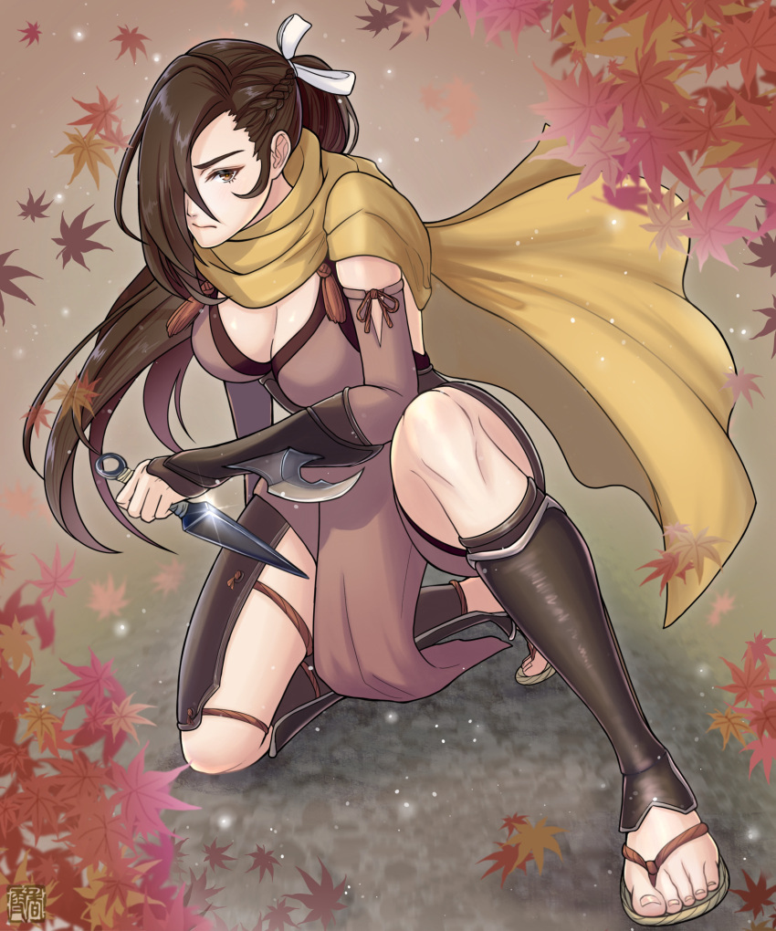 absurdres autumn_leaves breasts brown_eyes brown_hair cleavage closed_mouth commentary_request detached_sleeves female fire_emblem fire_emblem_fates floating_hair hair_over_one_eye hair_ribbon highres holding holding_weapon japanese_clothes kagero_(fire_emblem) kousetu0506 kunai large_breasts leaf long_hair looking_at_viewer ninja on_one_knee one_eye_covered pelvic_curtain ponytail ribbon sandals scarf solo toenails toes very_long_hair weapon white_ribbon yellow_scarf